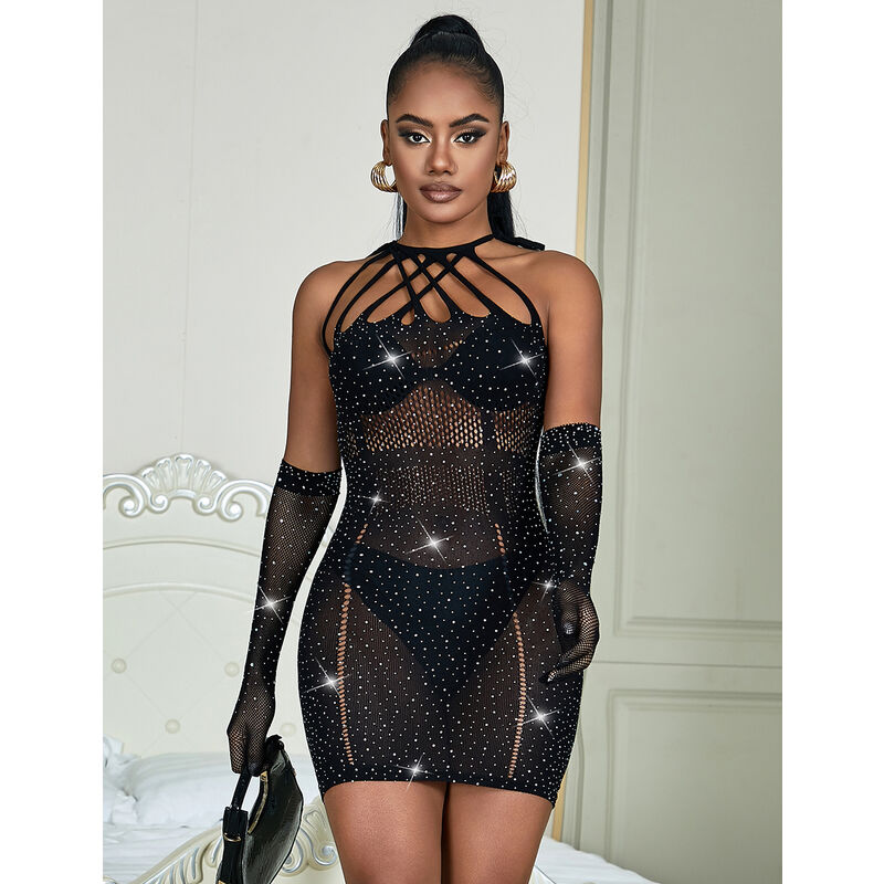 SUBBLIME - 952235 BLACK RHINESTONE MESH DRESS ONE SIZE