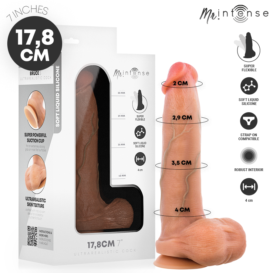MR INTENSE - DILDO DE SILICONA DE BRUCE S CON TESTÍCULOS 17,8 CM -Ø- 4 CM