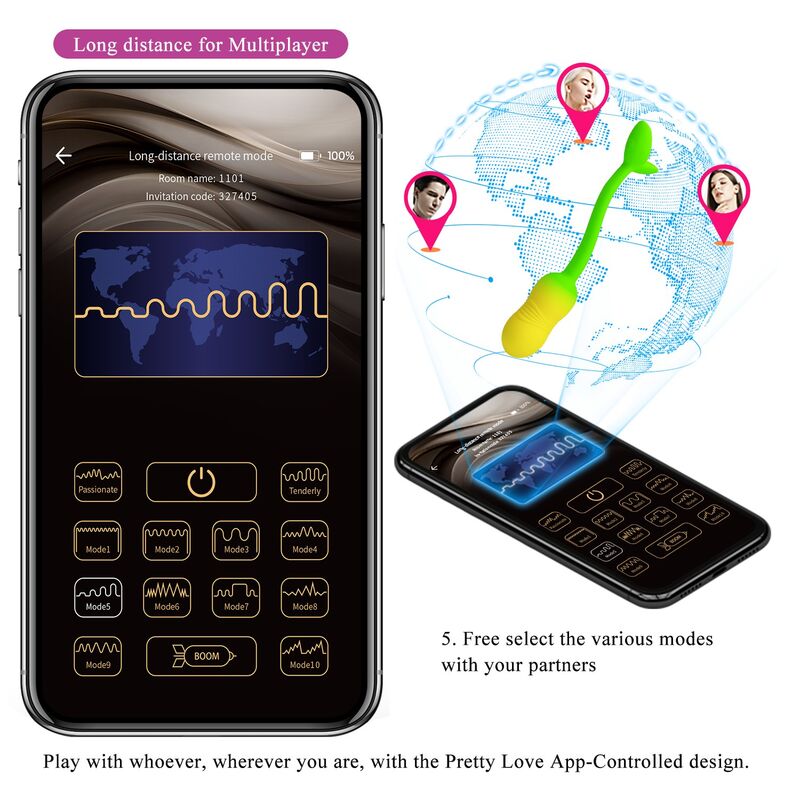 PRETTY LOVE - UOVO VIBRANTE CONTROLLABILE TRAMITE APP PULSEN, 12 FUNZIONI, RICARICABILE TRAMITE USB, VERDE-GIALLO