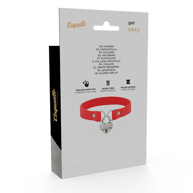 COQUETTE CHIC DESIRE - COLLAR DE PIEL VEGANA ROJA CON ACCESORIO DE CORAZÓN CON LLAVE