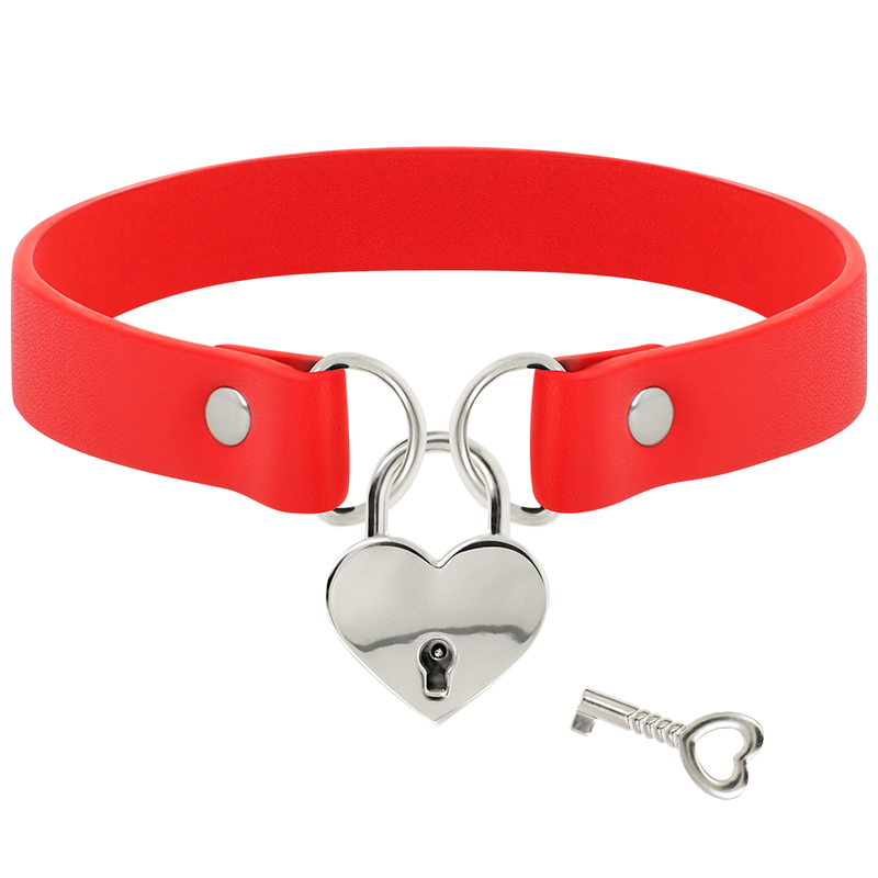 COQUETTE CHIC DESIRE - COLLAR DE PIEL VEGANA ROJA CON ACCESORIO DE CORAZÓN CON LLAVE