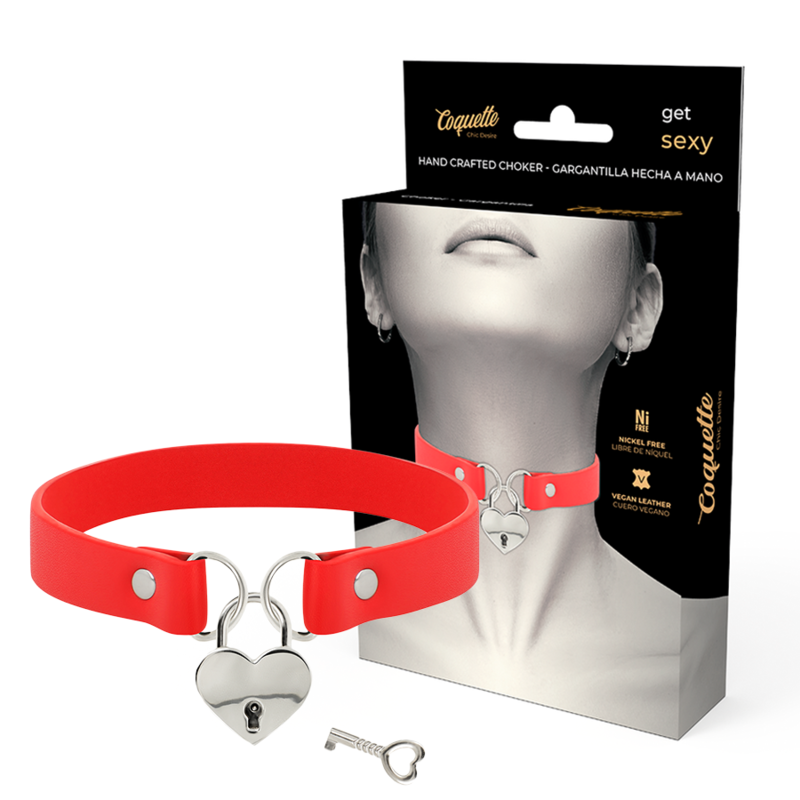 COQUETTE CHIC DESIRE - RED VEGAN LEATHER CHOKER WITH KEY HEART ACCESSORY