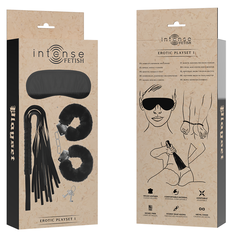 INTENSE - EROTIC FETISH PLAYSET 1 WITH CUFFS, BLINDFOLD AND FLOGGER