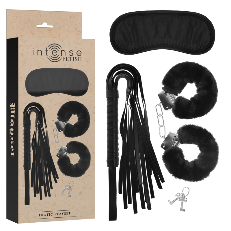 INTENSO - JUEGO DE FANTASÍA ERÓTICO 1 CON MUÑEQUERAS, MÁSCARA DE OJOS Y LÁTIGO