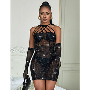 SUBBLIME - 952235 BLACK RHINESTONE MESH DRESS ONE SIZE