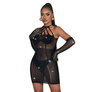 SUBBLIME - 952235 BLACK RHINESTONE MESH DRESS ONE SIZE