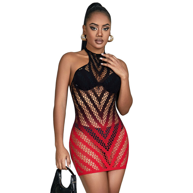 SUBBLIME - 952242 RED AND BLACK DEGRADÉ STRETCH MESH DRESS ONE SIZE