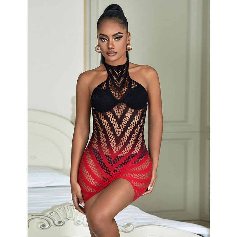SUBBLIME - 952242 RED AND BLACK DEGRADÉ STRETCH MESH DRESS ONE SIZE