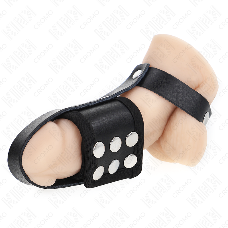 KINK - ANILLO DE CUERO PARA JAULA DE PENE CON CORREA DIVISORA DE BOLAS FORRADA Y AJUSTABLE
