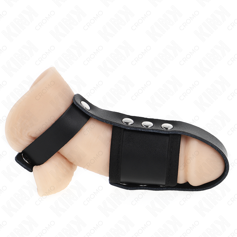 KINK - ANILLO DE CUERO PARA JAULA DE PENE CON CORREA DIVISORA DE BOLAS FORRADA Y AJUSTABLE
