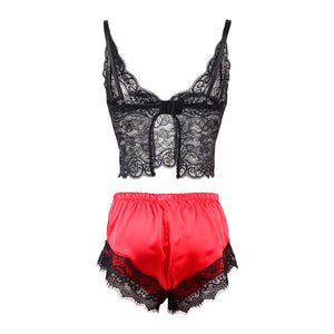 SUBBLIME - 953959 CAMICIA DA NOTTE CASUAL IN SETA + PANTALONI IN PIZZO NERO/ROSSO S/M