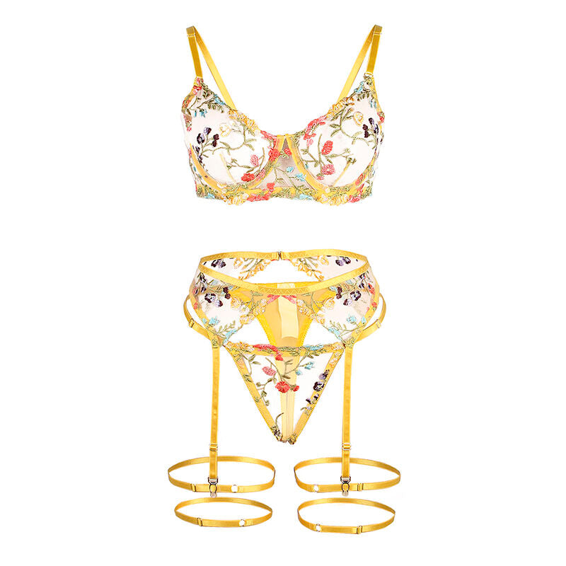SUBLIME - 954345 SUJETADOR + TANGA + LIGUERO AMARILLO FLORAL SUJETADOR S/M