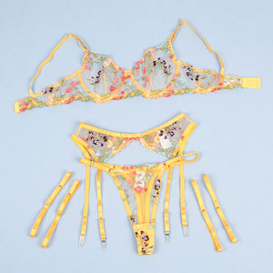 SUBLIME - 954345 SUJETADOR + TANGA + LIGUERO AMARILLO FLORAL SUJETADOR S/M