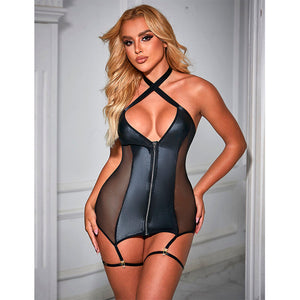 SUBBLIME - 954444 SEXY BLACK LEATHER MESH DRESS S/M