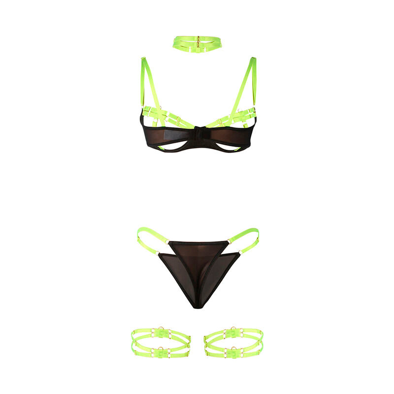 SUBBLIME - 955281 CONJUNTO COMPLETO DE SUJETADOR CON COLLAR Y DETALLES EN PIERNA VERDE NEÓN L/XL
