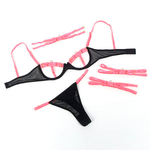 SUBBLIME - 955298 COMPLETO REGGISENO CON COLLANA E DETTAGLI GAMBA ROSA FLUO S/M