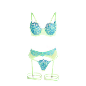 SUBBLIME - 955311 LACE AND GARTER STRAP BRA SET GREEN AND BLUE S/M