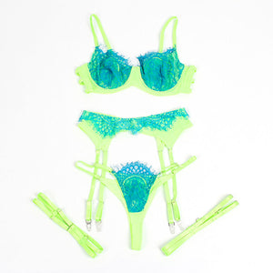 SUBBLIME - 955311 LACE AND GARTER STRAP BRA SET GREEN AND BLUE S/M