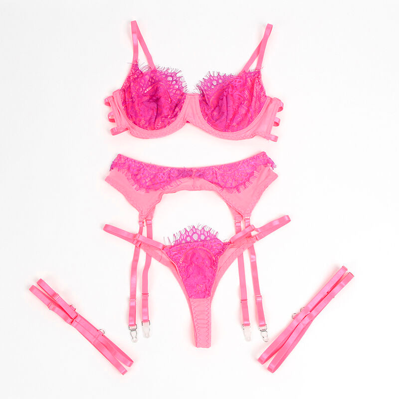 SUBBLIME - 955366 LACE BRA AND GARTER LINES SET PINK AND PURPLE L/XL