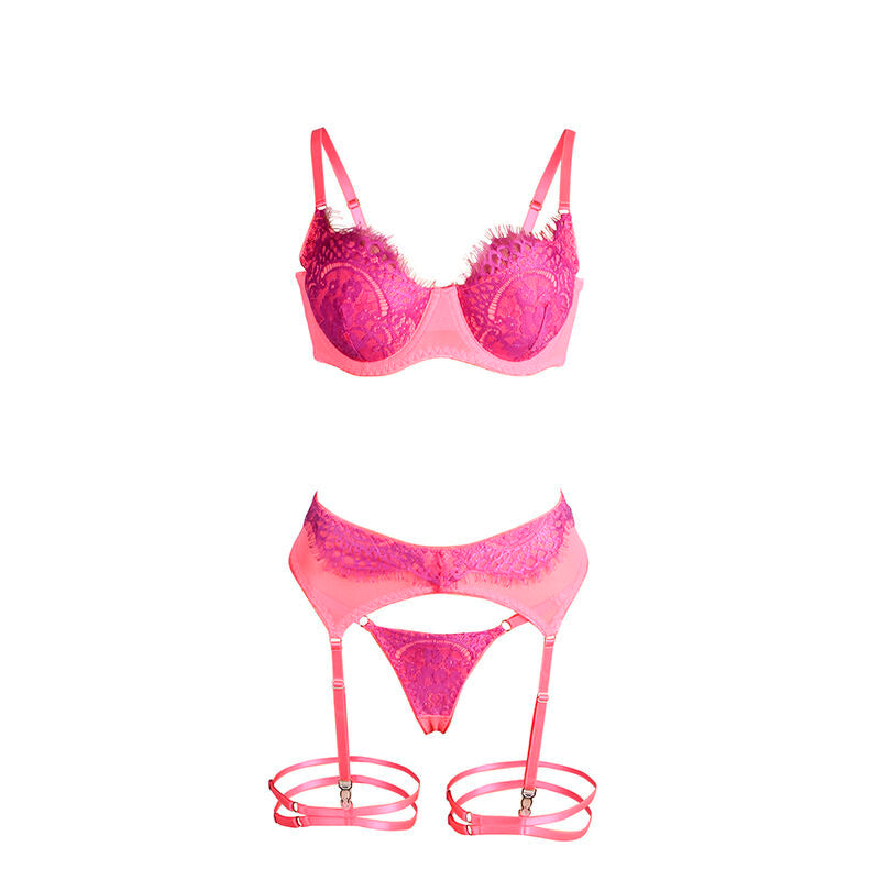 SUBBLIME - 955366 LACE BRA AND GARTER LINES SET PINK AND PURPLE L/XL