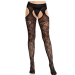 LEG AVENUE - FLORAL LACE STOCKINGS WITH ATTACHED GARTERS UNITED BLACK