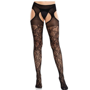 LEG AVENUE - FLORAL LACE STOCKINGS WITH ATTACHED GARTERS UNITED BLACK