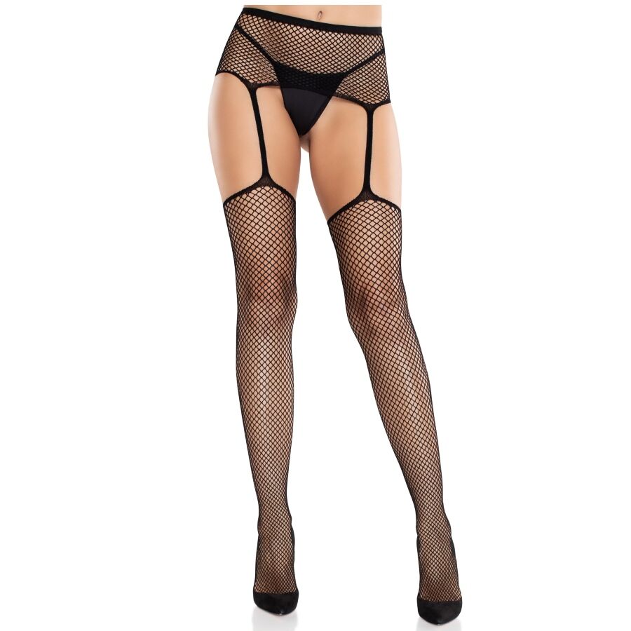 LEG AVENUE - CALZE IN PIZZO CON CROCE E CINTURA REGGICALZE NERE