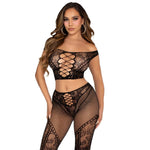 LEG AVENUE - OFF-THE-SHOULDER FISHNET CROP TOP AND LEGGINGS BLACK