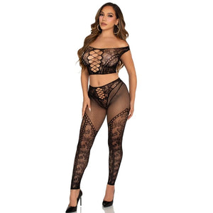 LEG AVENUE - OFF-THE-SHOULDER FISHNET CROP TOP AND LEGGINGS BLACK