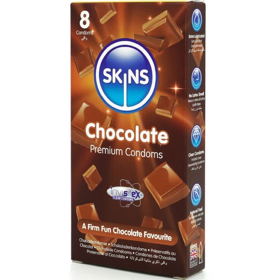 SKINS - PRESERVATIVOS PREMIUM CON SABOR A CHOCOLATE PAQUETE DE 8