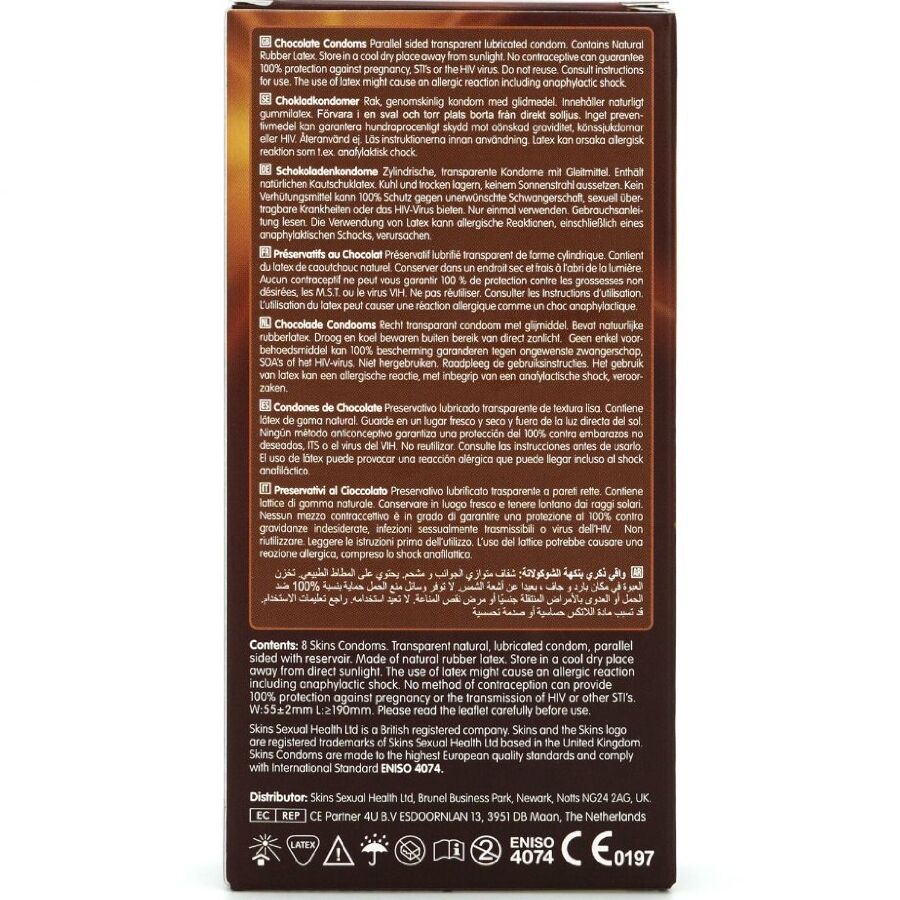 SKINS - PRESERVATIVOS PREMIUM CON SABOR A CHOCOLATE PAQUETE DE 8
