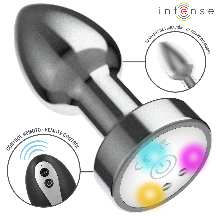 INTENSO - JUGUETE ANAL VIBRADOR METÁLICO CON LUCES LED Y CONTROL REMOTO - TALLA M