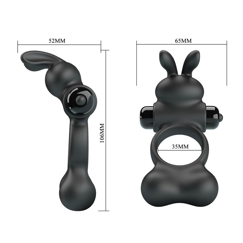 PRETTY LOVE - ANELLO PER PENE VIBRANTE CON STIMOLATORE A FORMA DI CONIGLIETTO, 10 FUNZIONI, NERO