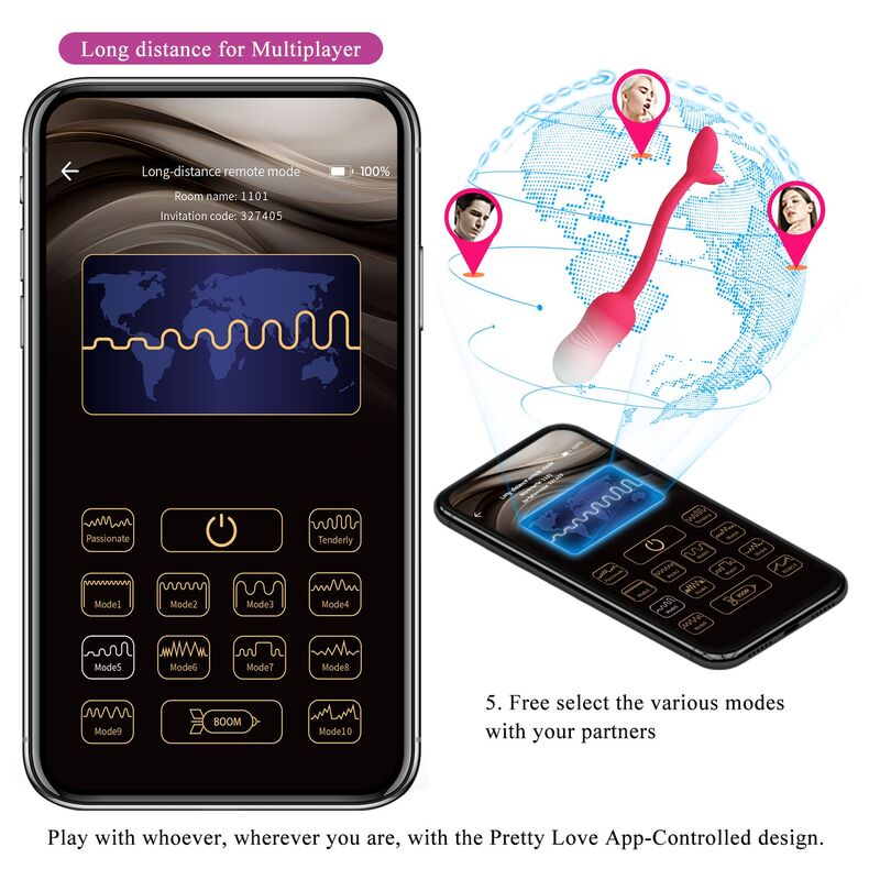 PRETTY LOVE - HUEVO VIBRADOR PULSEN CON CONTROL POR APP, 12 FUNCIONES, RECARGABLE POR USB, ROSA