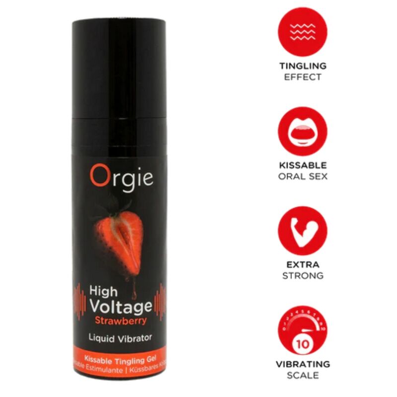 ORGIE - HIGH VOLTAGE VIBRADOR LÍQUIDO EXTRAFUERTE APTO PARA BESAR, SABOR FRESA, 15 ML