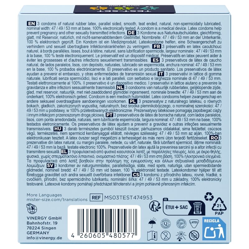 MISTER SIZE - CONFEZIONE CAMPIONE PRESERVATIVI MISURA 47-49-53 MM (3 UNITÀ)