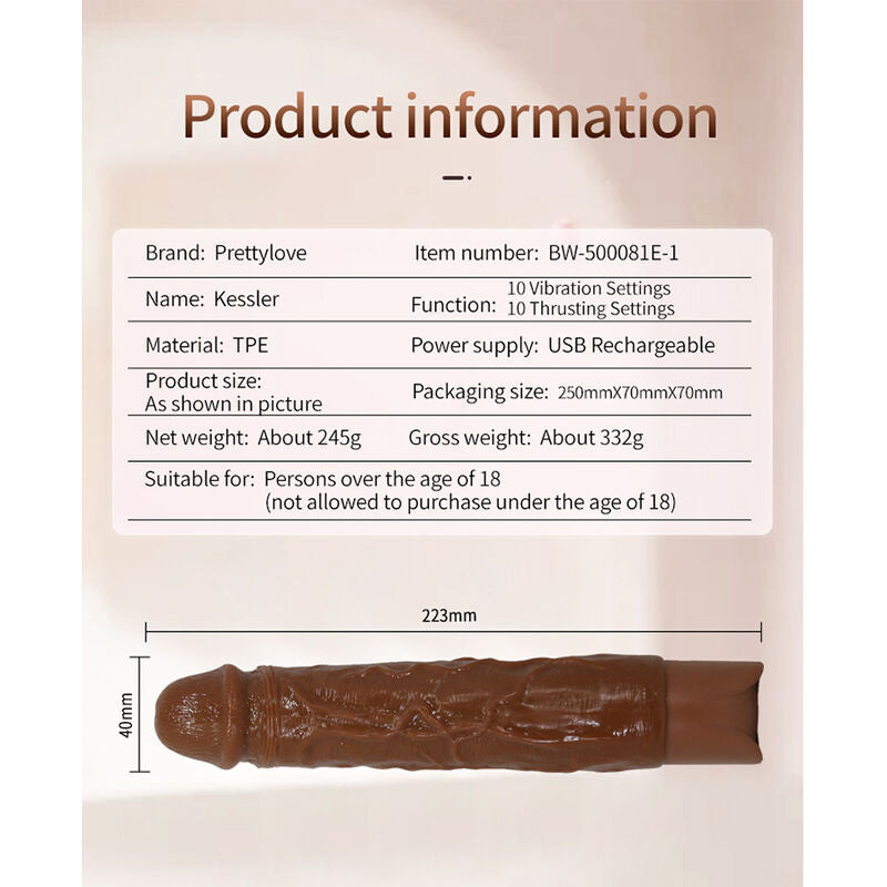 PRETTY LOVE - KESSLER DILDO VIBRANTE REALISTICO CON 10 MODALITÀ DI VIBRAZIONE E 10 ROTAZIONI, 22 CM, MARRONE