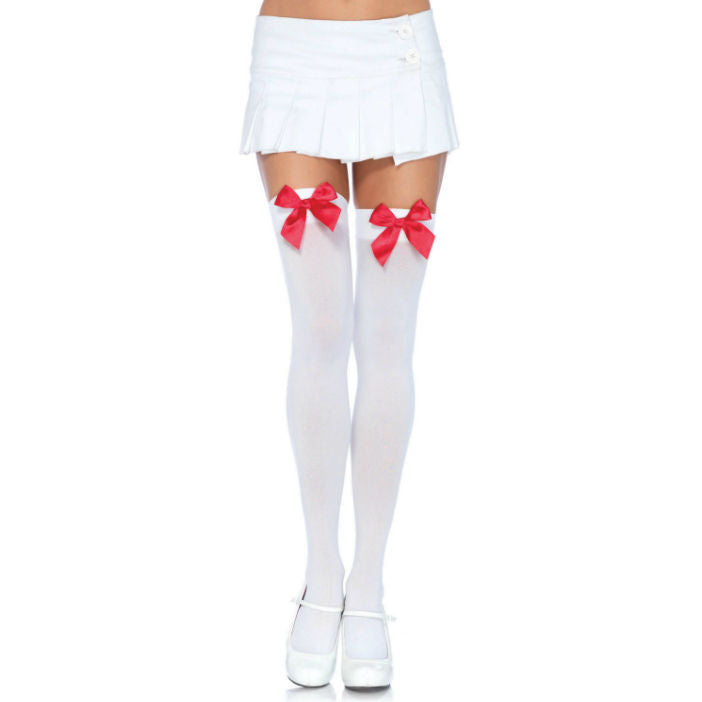 LEG AVENUE - NYLON HOLD-UPS WITH WHITE/RED BOW